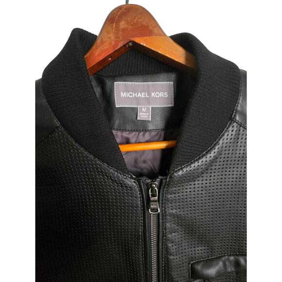 Michael Kors Black Faux Leather Perforated Moto Jacket Cuffed Size Medium - Picture 2 of 10